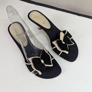 Enzo Angiolini Black Leather Kitten Heel Mules Size 7 Bow Detail